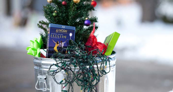 la la land in the bin with a christmas tree